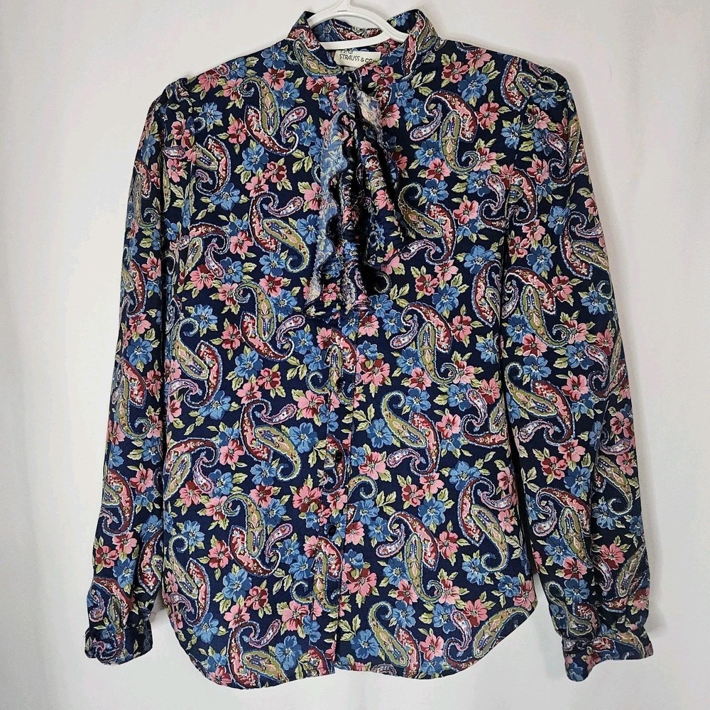 Vintage Levi Strauss Floral Paisley‎ Blouse Ruffle Front Made USA Silky Shirt M